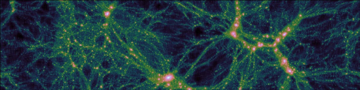 Fig. 1. A slice through an N-body simulation, 50 Mpc across, which would take light 150 million years to cross. The most intense blobs shown are vast dark-matter haloes that contain a galaxy cluster; many thousands of galaxies that orbit each other