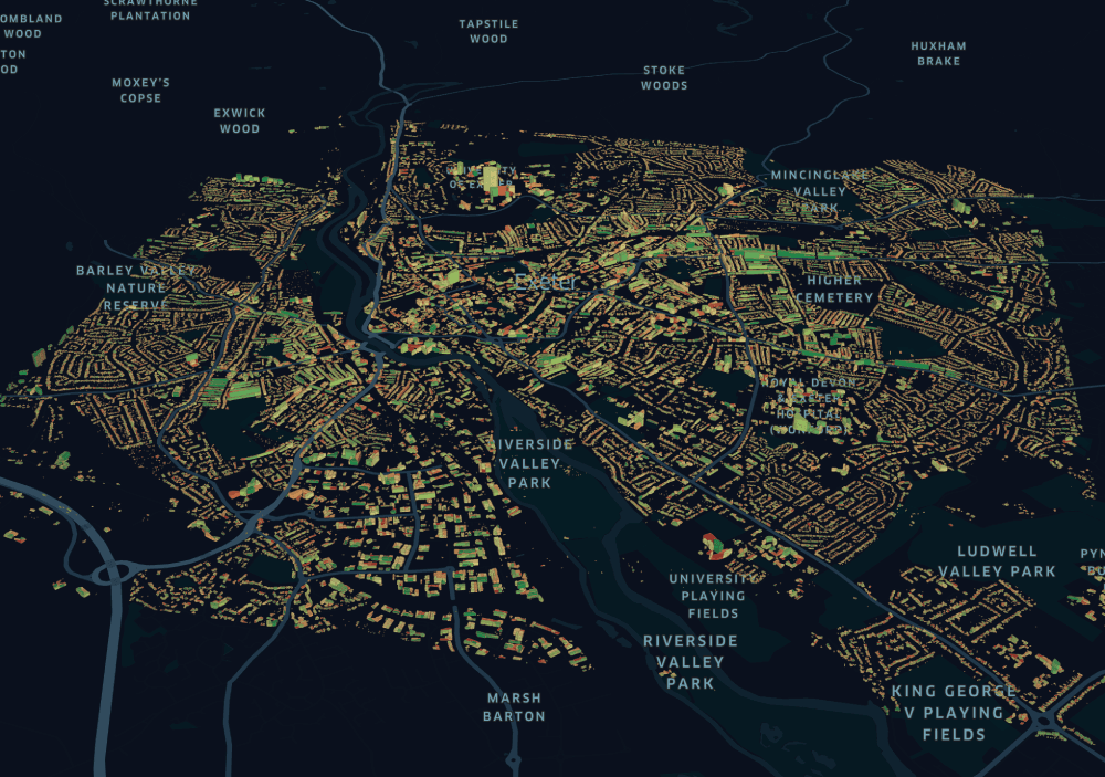 Figure 2. A map of Exeter displaying the solar potential of all the rooftops in the region