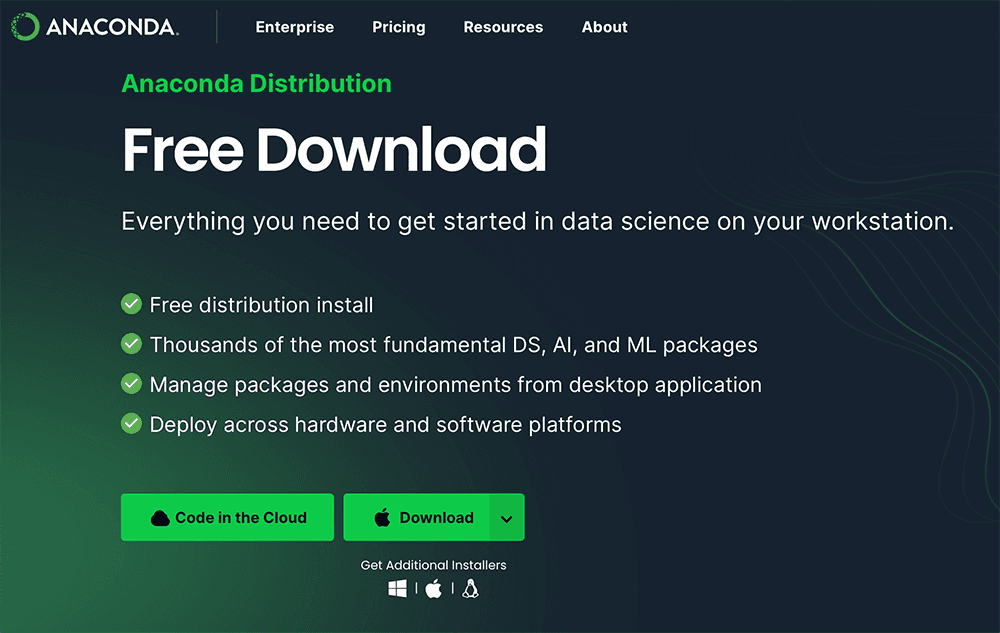 Screenshot of the Anaconda Distribution download page showing bullet pointed features of the software and two buttons in a horizontal row at the bottom labelled 'Code in the Cloud' and 'Download' respectively.