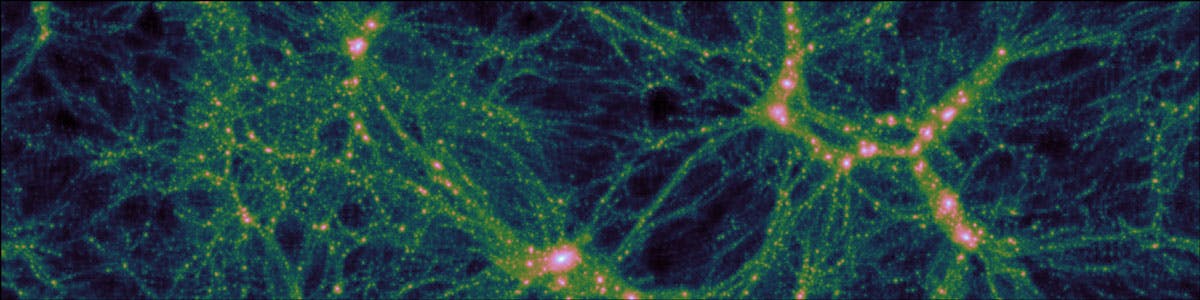 Fig. 1. A slice through an N-body simulation, 50 Mpc across, which would take light 150 million years to cross. The most intense blobs shown are vast dark-matter haloes that contain a galaxy cluster; many thousands of galaxies that orbit each other
